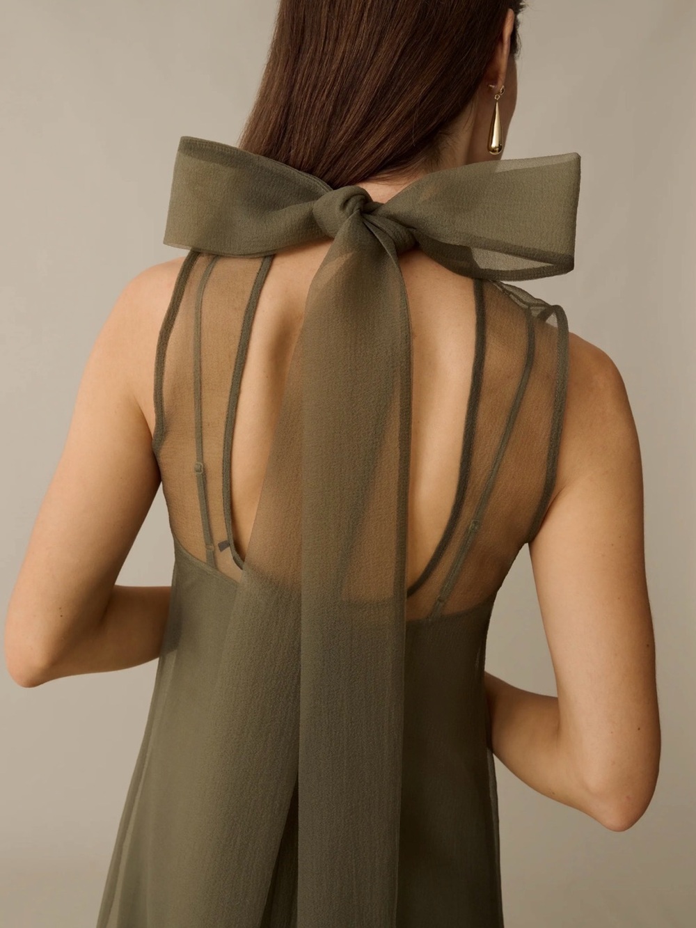 Sleeveless Olive Maxi Dress with Sheer High Neck - Picture 4 of 6